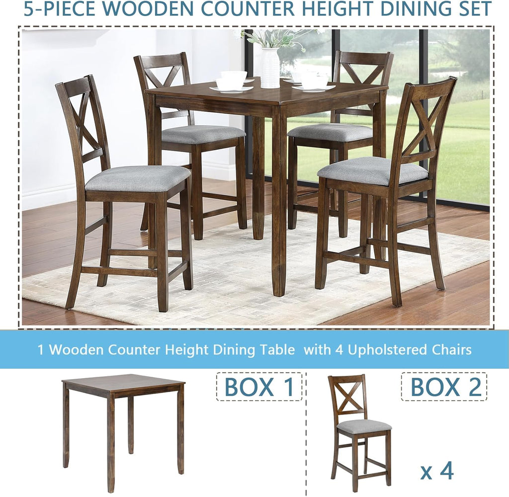 Merax Farmhouse Dining Table Set for 4, Counter Height Kitchen Table Set with Square Table and 4 Upholstered Chairs for Kitchen, Dining Room, Small Space, Walmut