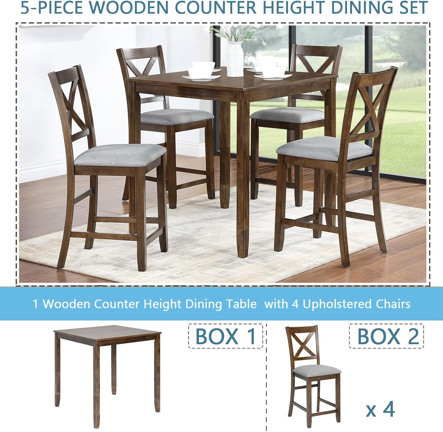 5 Piece Dining Table Set for 4, Solid Wood Square Dining Table Set, Counter Height Kitchen Table Set with Square Table and 4 Upholstered Chairs, X-shaped Backrest for Small Space, Walnut