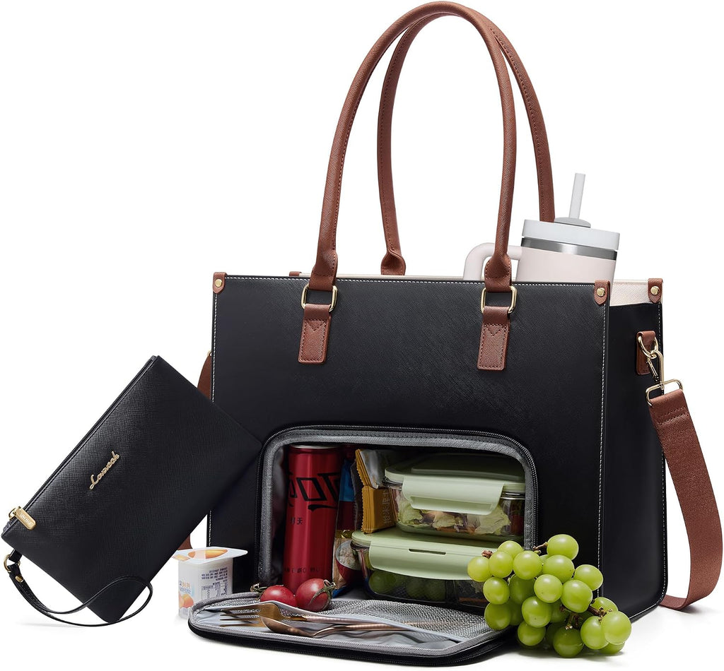 LOVEVOOK Laptop Lunch Bag for Women 15.6 Inch, Waterproof Tote Purse with Cup Holder & Elegant Clutch