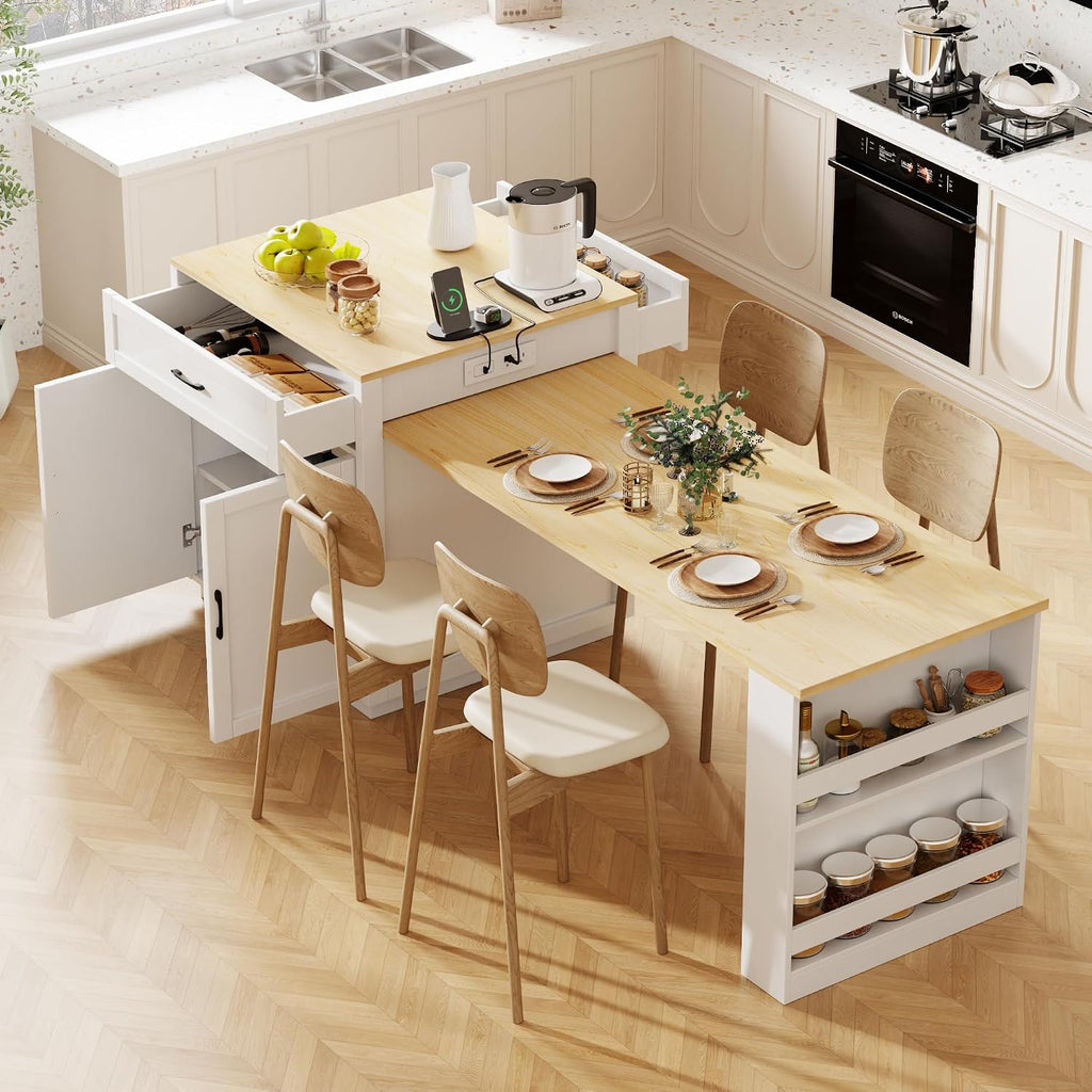 82.7" Kitchen Island with Extendable Dining Table, Faux Mable Table with Double-Sized Storage, Power Outlet, 2 Drawers, 2 Side Open Shelves for 4-6 Kitchen, Dining Room, White
