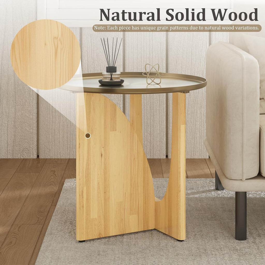 Farmhouse Rubberwood End Table, Beige Rustic End Table with Stainless Steel Tabletop, Round Side Table for Living Room, Bedroom, Lounge
