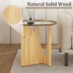 Farmhouse Rubberwood End Table, Beige Rustic End Table with Stainless Steel Tabletop, Round Side Table for Living Room, Bedroom, Lounge