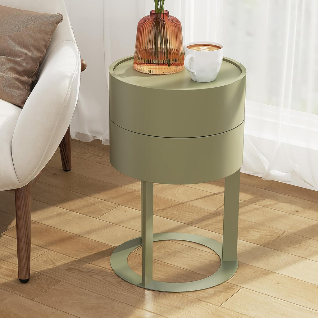 Round End Table with Storage, Rotating Nightstand, Green | Easy Legs-Only Assembly, Hidden Double-Layer Storage, Minimalist Accent Table for Bedroom and Living Room