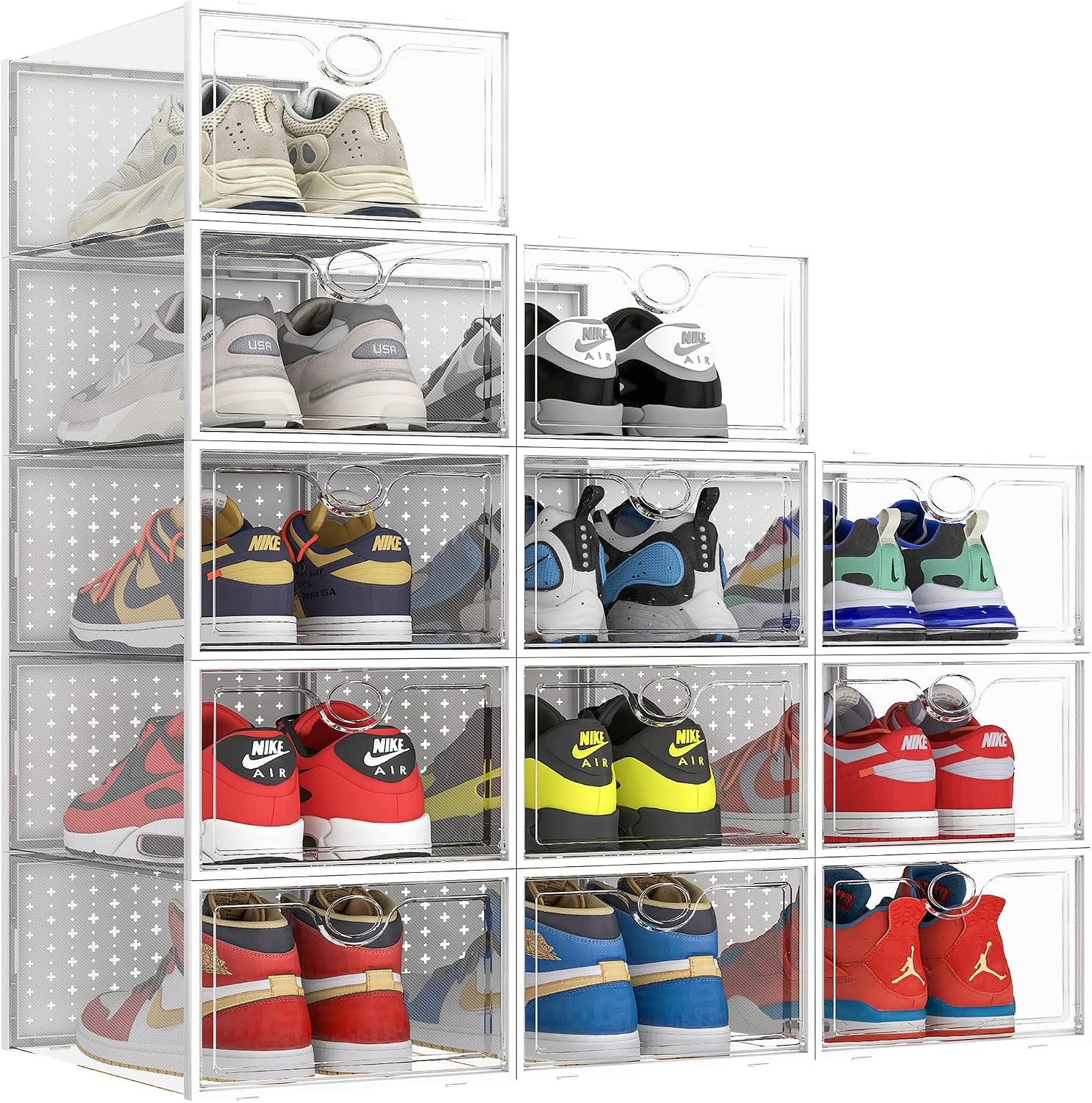 Pinkpum XXL Larger Shoe Storage Boxes Fit Size 14, Clear Plastic Stackable Shoe Organizer 12 Pack Sneaker Storage for Sneakerheads Shoe Containers, 6.8“ Height for High Shoes