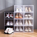 Attelite Shoe Box,Set of 6,Stackable Plastic Clear Shoe Box Organizer with Magnetic Door,Shoe Storage Box Thicken Sturdy,Easy Assembly,Fit up to US Size 12,Black