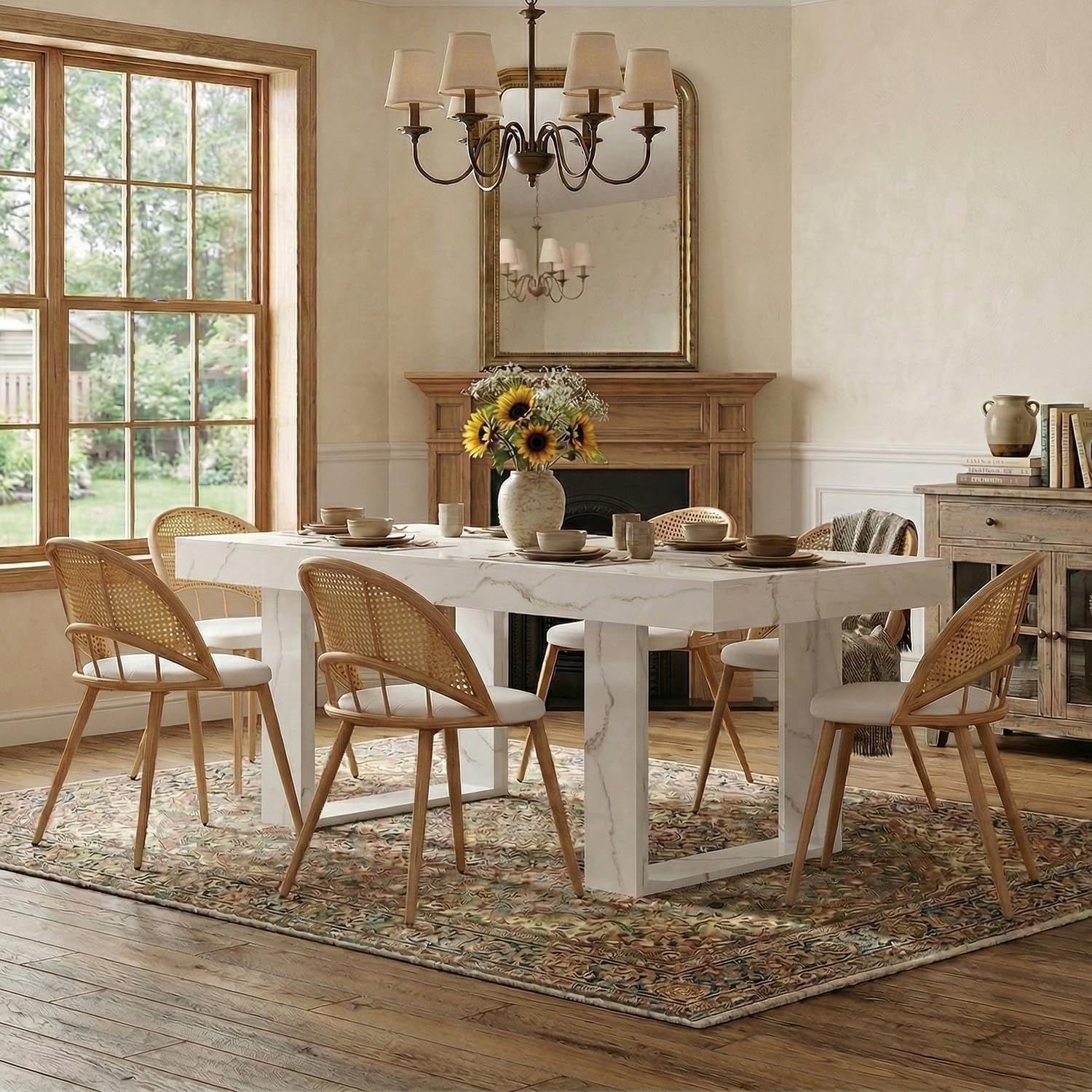 TYBOATLE 71''-87'' Extendable Dining Table Set for 6, Farmhouse Wooden Dining Room Table Set, 7 Piece Dinner Table Set with Upholstered Rattan Dining Chairs (White & White 71''-87''- 6 Chairs)