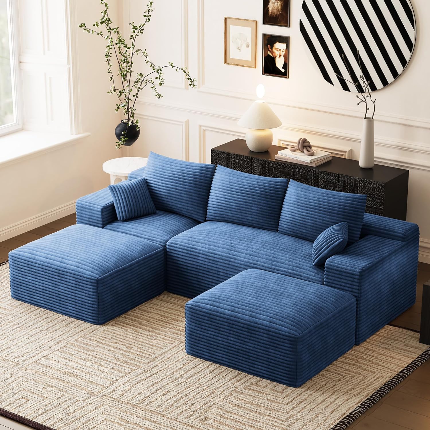 Modular Sectional Sofa Cloud Couch, 108'' Comfy U Shaped Sectional Couches for Living Room, Deep Seat Cozy Fluffy Corduroy Boneless Couch Sectionals Sofa with Movable Ottomanm, Blue