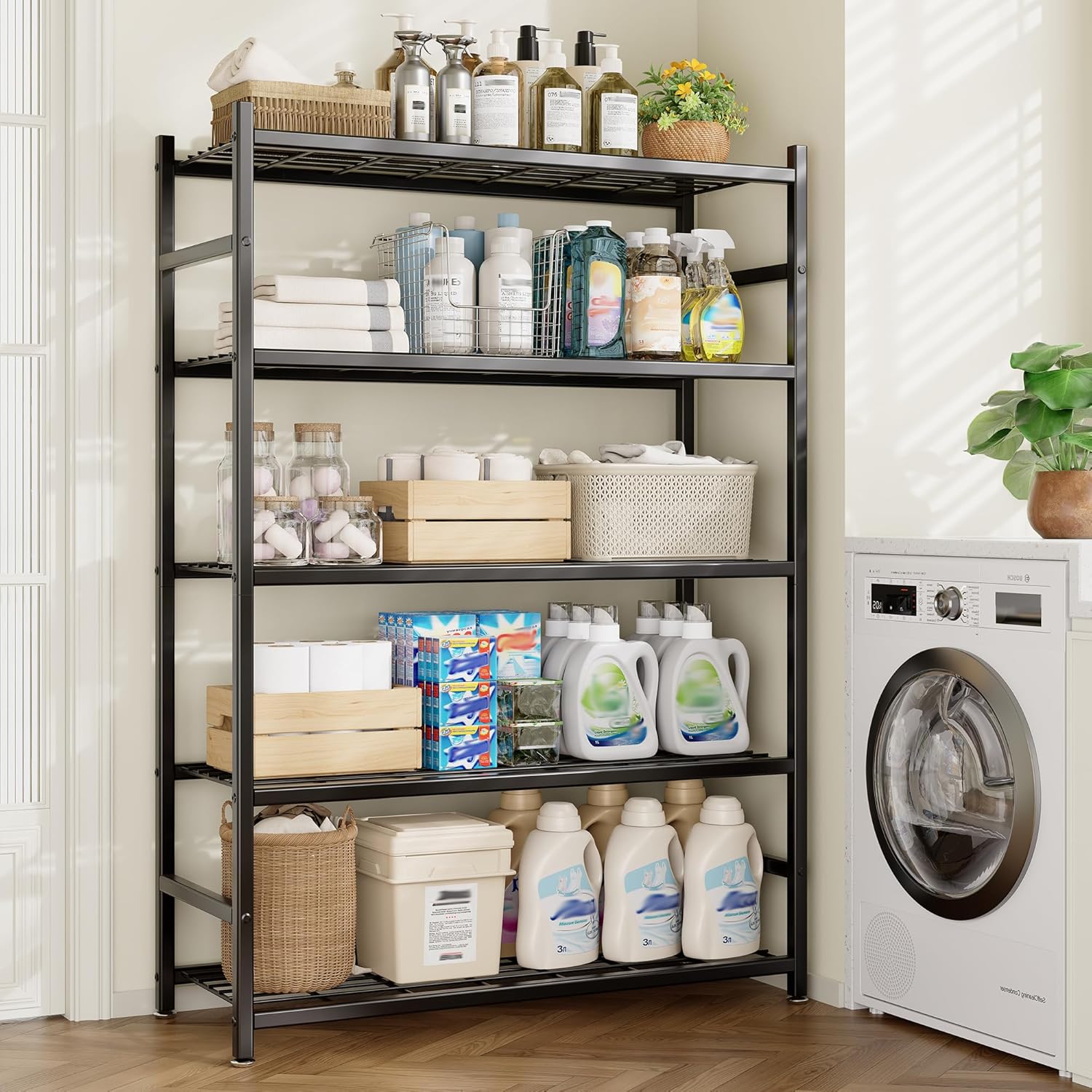 36.4" W Storage Shelves, 5-Tier Metal Shelving Unit with Adjustable Feet, Shelf Organizer for Garage, Kitchen, Pantry and Closet Organization, 36.4" x 11.8" x 68.3", Black