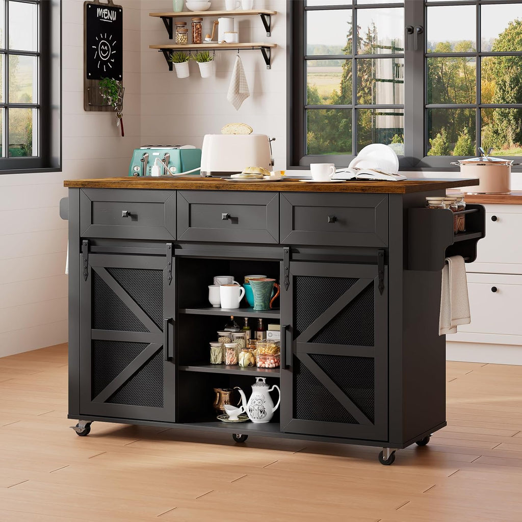 RALGEND Kitchen Island with Storage, 55" Kitchen Cart with Charging Station, Rolling Kitchen Island Table with Drop-Leaf, 3 Drawers, Barn Doors, Towel Rack and Spice Rack, Black and Rustic Brown