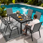 Pamapic Outdoor Dining Sets for 6, Rectangular Steel Slat Table with 6 Textilene Chairs, 7 Piece Patio Table and Chairs Set with Umbrella Hole for Patio, Garden, Backyard and Poolside (Grey)