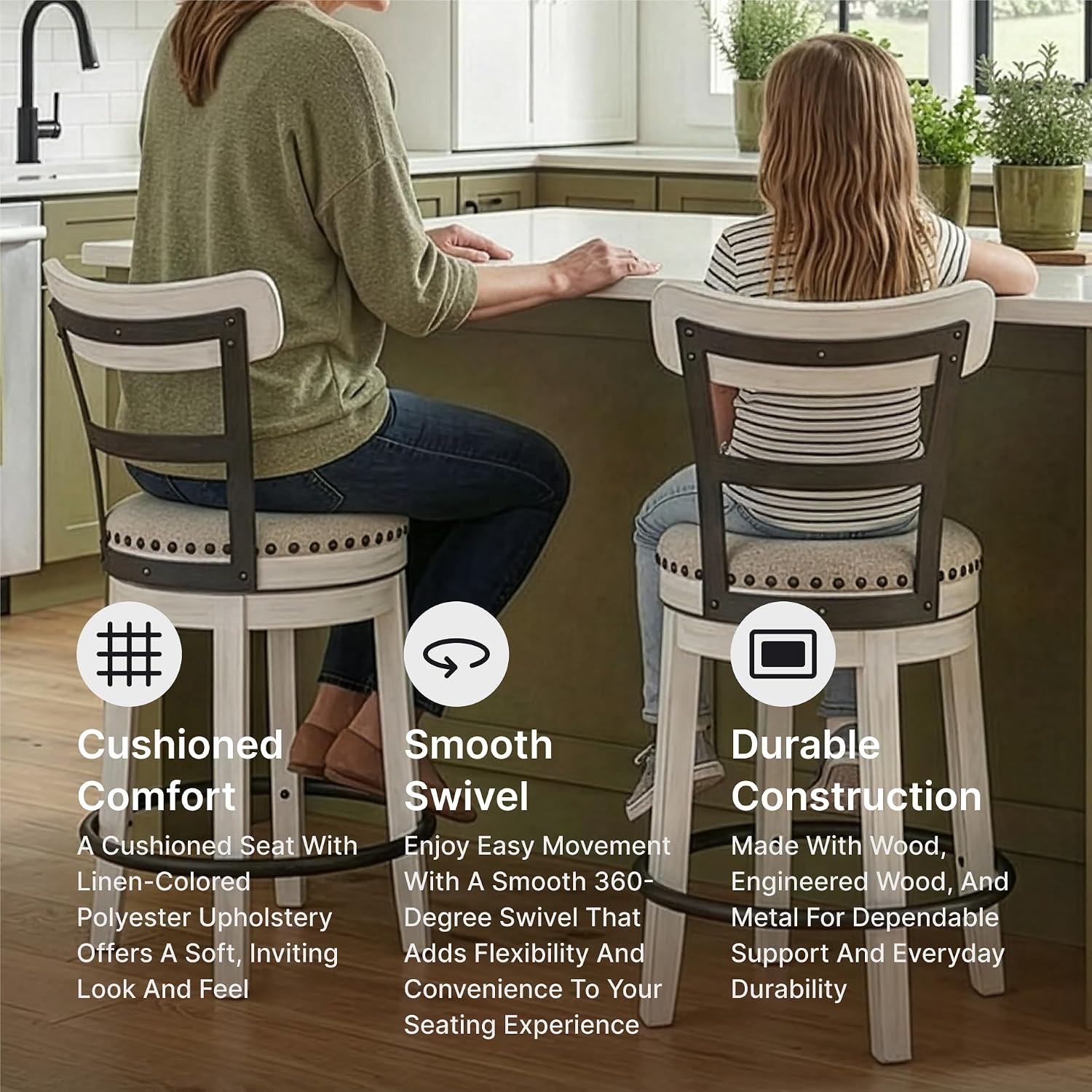 Signature Design by Ashley Valebeck Barstool, Rustic-Industrial Counter Height Chair, 360° Swivel, Wood & Metal Frame, Cushioned Seat, Ideal for Kitchen Island with Seating, Vintage White