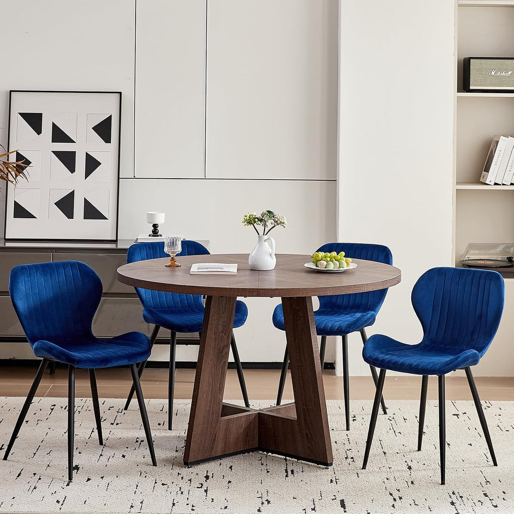 Velvet Dining Chairs Set of 4, Mid Century Modern Plain Color Upholstered Chair with Backrest Metal Legs for Kitchen, Bedroom, Living Room and Office, Blue(Only Chairs)