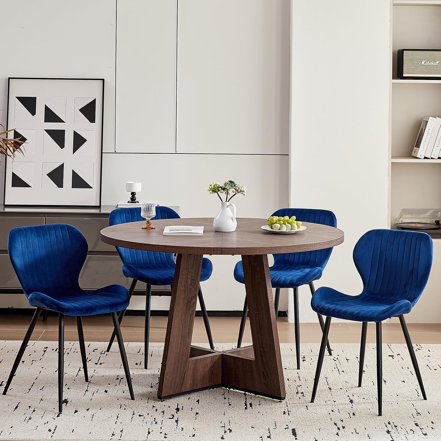 Velvet Dining Chairs Set of 4, Mid Century Modern Plain Color Upholstered Chair with Backrest Metal Legs for Kitchen, Bedroom, Living Room and Office, Blue(Only Chairs)