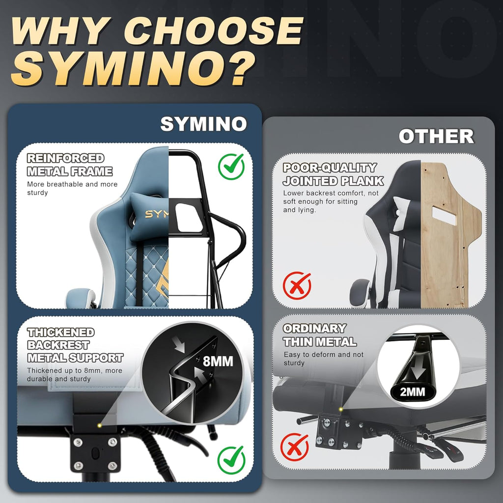 Symino Gaming Chair with Footrest, Linkage Armrests & 10cm Thick Seat, PU Leather Ergonomic Computer Chair, 150° Recline Office Chair, Light Blue