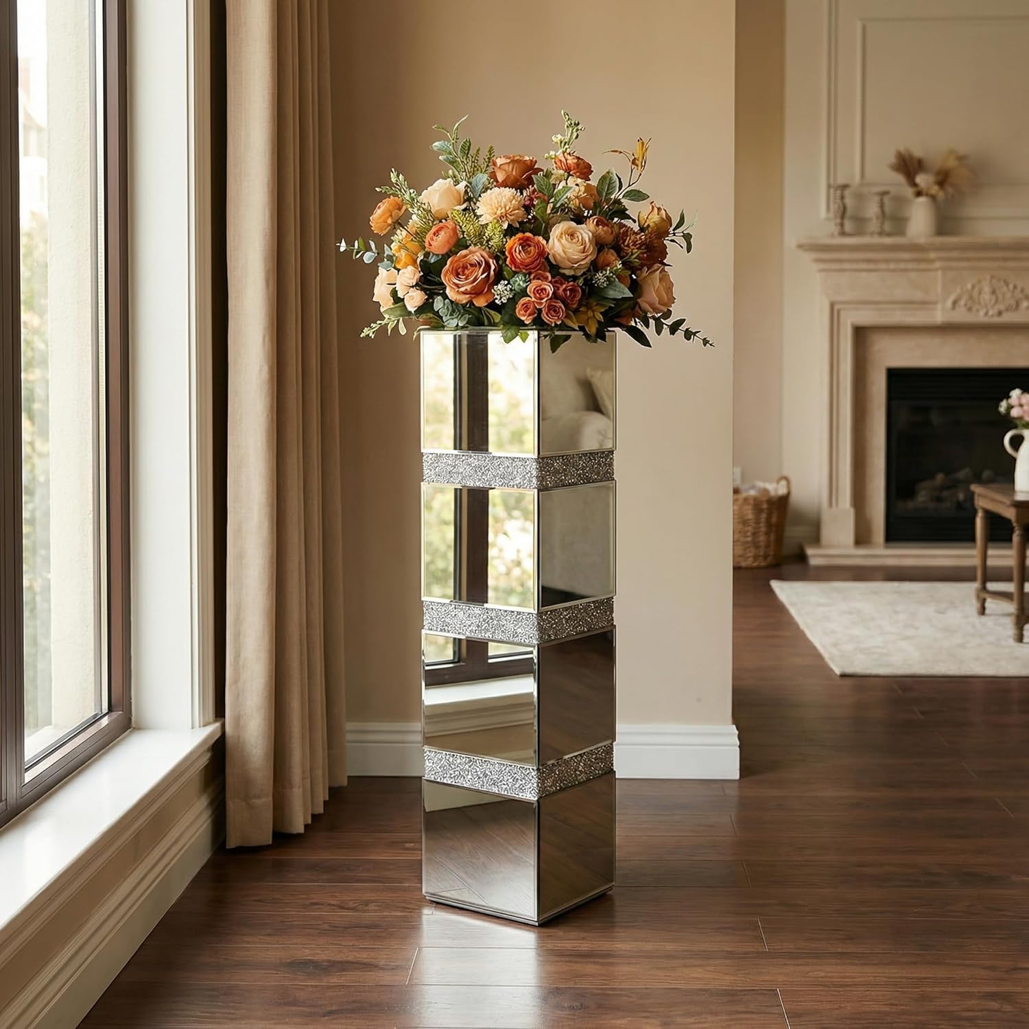 30" Large Crushed Diamond Floor Vases,Tall Mirrored Silver Crystal Vase, Floor Vases Decorative Tall,Big vase for Home,Office,Hotel (8" L x 8" W x 30" H)
