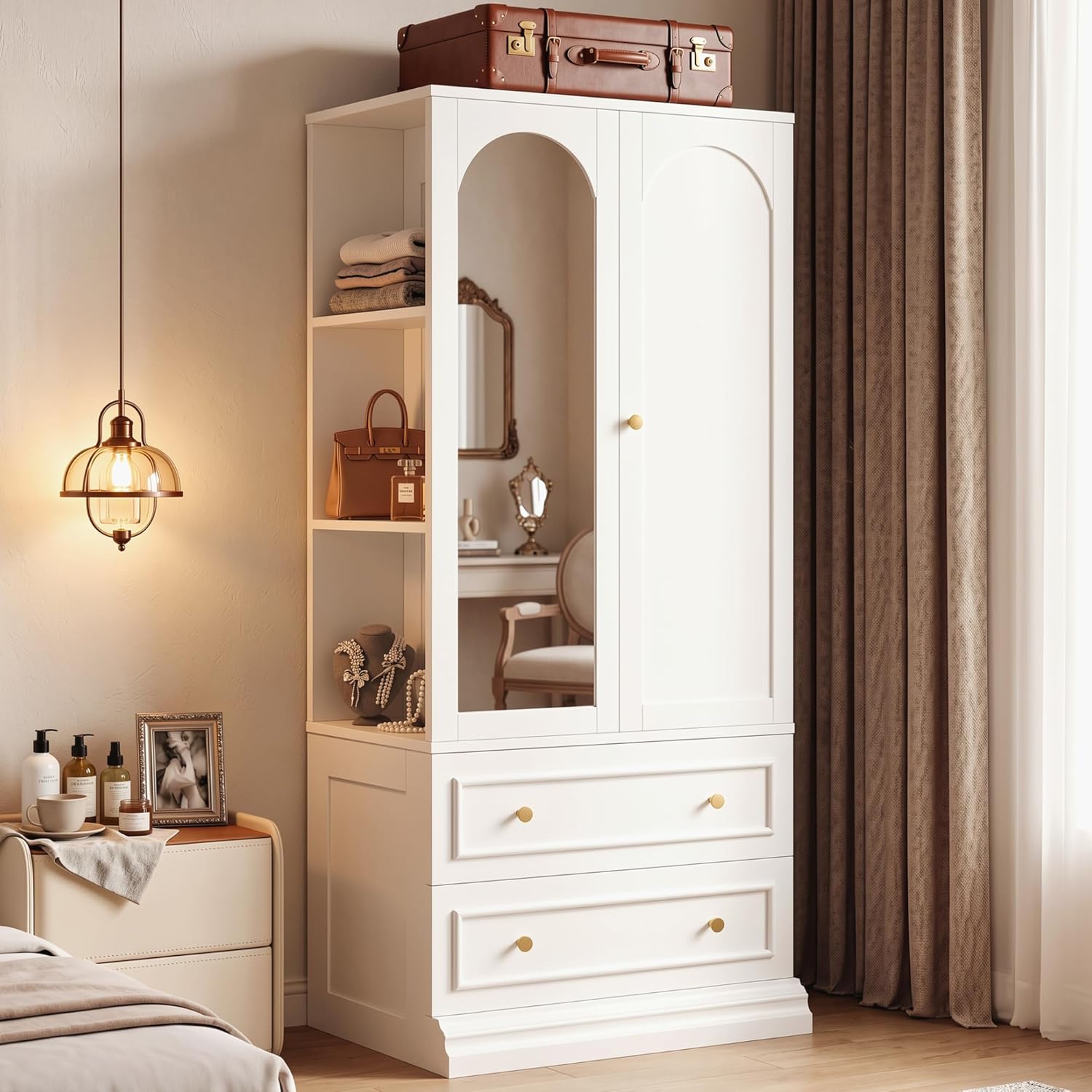 LIKIMIO Armoire Wardrobe Closet with Full Length Mirror, 3 Open Shelves | 71" Freestanding Bedroom Armoire with 2 Drawers, 3 Side Hooks & Hanging Rod, Clothing Storage Cabinet for Bedroom, White