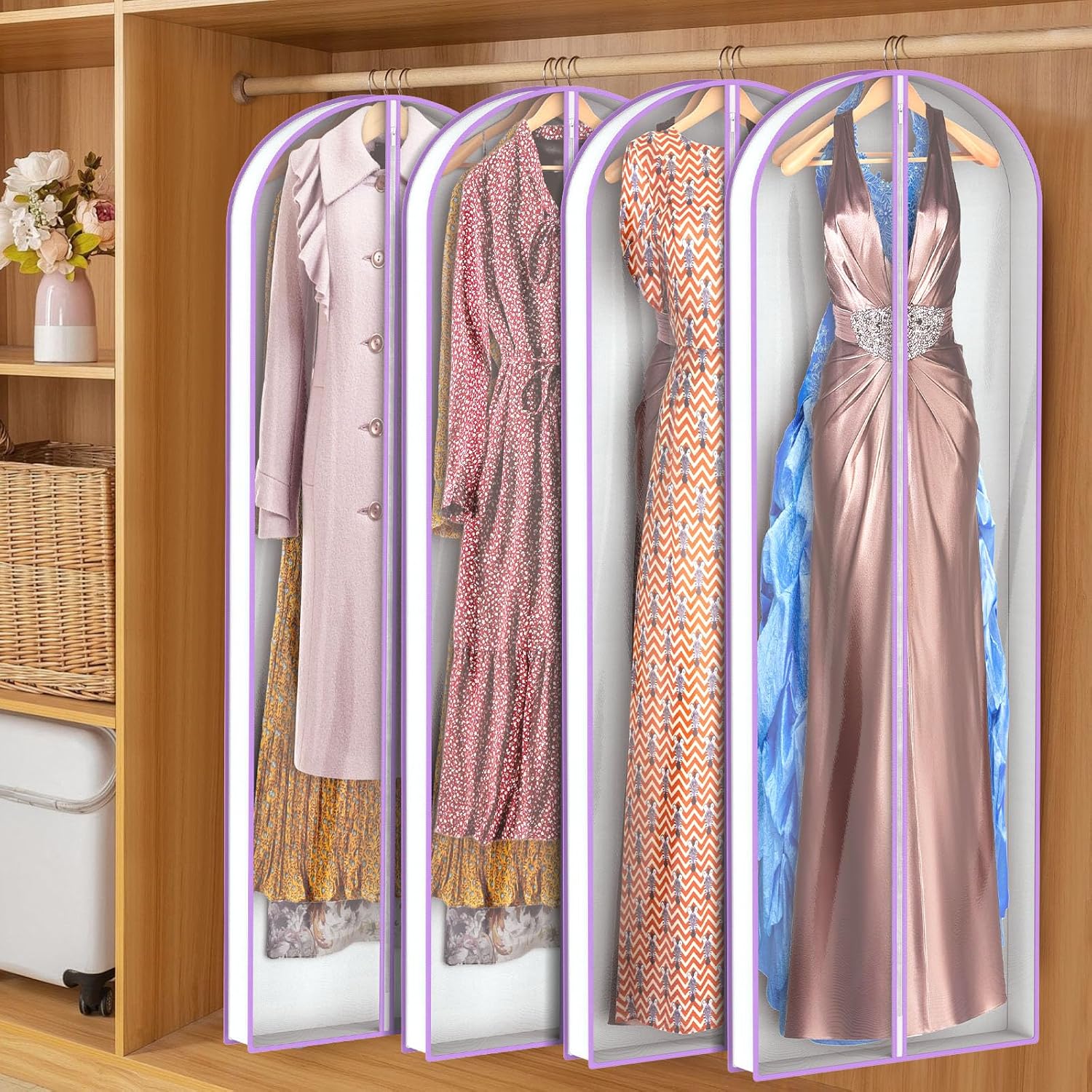 Zilink 72” Clear Garment Bags for Long Dresses Wedding Dress Bags for Gowns Long with 3" Gussted Dress Storage Bags Hanging for Long Evening Dresses, Winter Fur Coat, Prom Dresses, 4-Pack