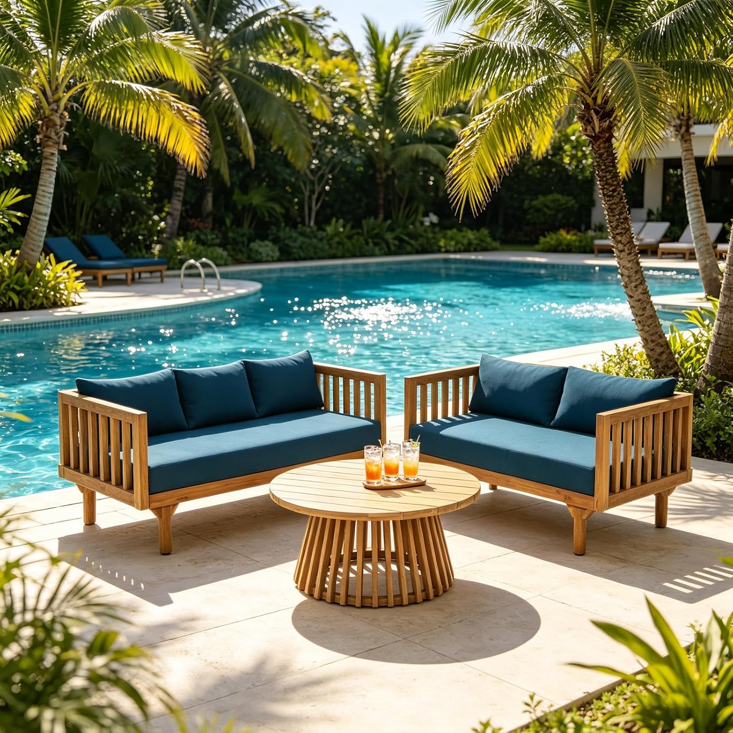 Lounge Chairs for Poolside- 2 Piece Outdoor Patio Furniture Set, Acacia Wood 3-Seater Patio Sofa with Cushions & Round Fluted Coffee Table(Color:Blue)