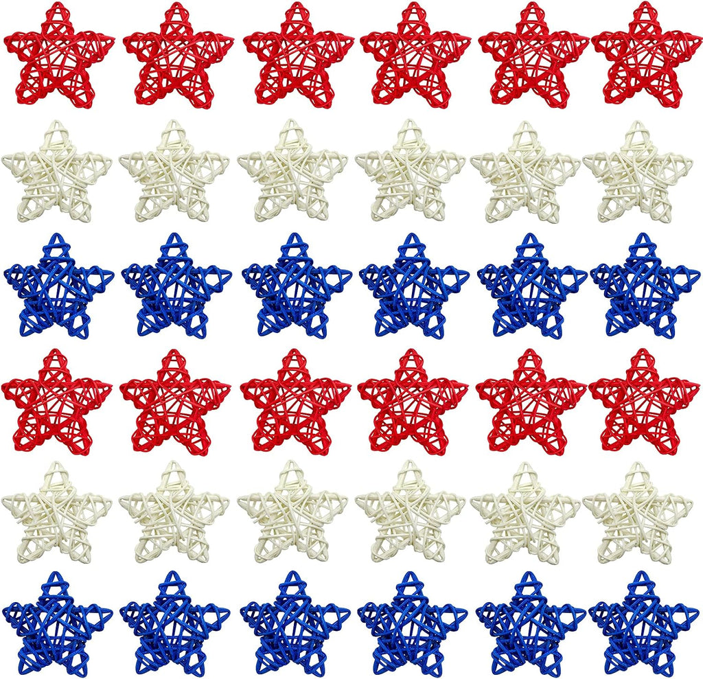 EBaokuup 36PCS 4th of July Natural Rattan Stars, 1.96 Inch Red White and Blue Wicker Rattan Stars for Independence Day Home Decor DIY Craft Vase Bowl Filler Table Decoration