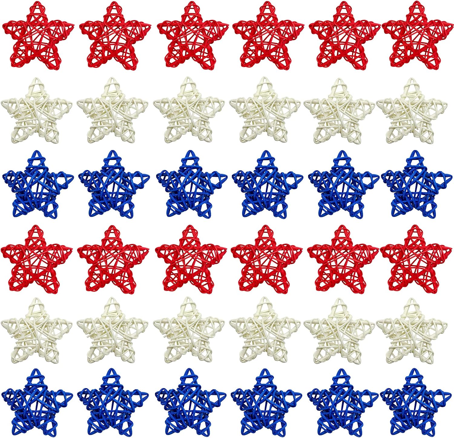 EBaokuup 36PCS 4th of July Natural Rattan Stars, 1.96 Inch Red White and Blue Wicker Rattan Stars for Independence Day Home Decor DIY Craft Vase Bowl Filler Table Decoration