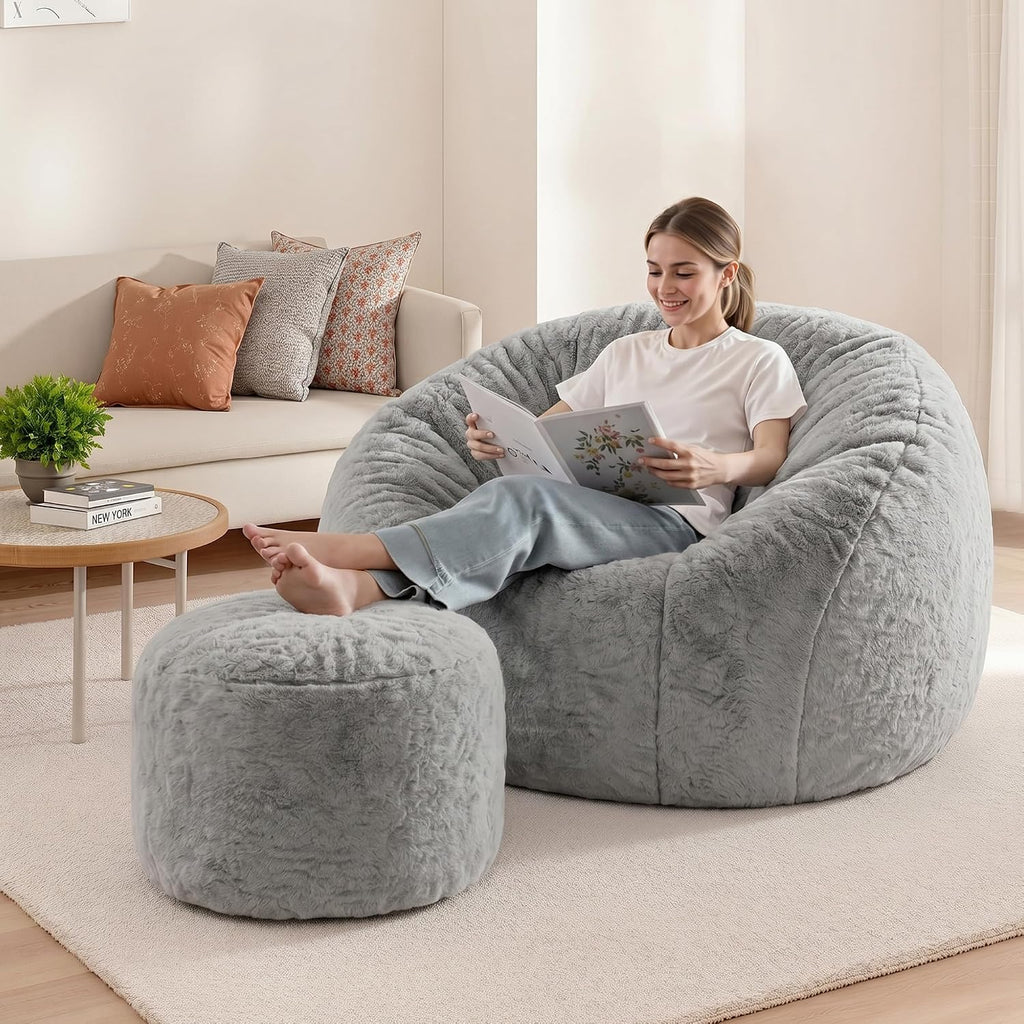 HABUTWAY Bean Bag Chair,Giant Shell-Shaped Bean Bag Couch w/Ottoman,Grey | Oversized Beanbag Chair with High Backrest, Softness and Comfort, No Assembly Required, for Living Room, Bedroom