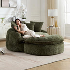 Round Oversized Lounge Chair with Ottoman - Cloud Comfy Boneless Sofa Chair for Living Room Relaxation (Olive Green, Chair and Ottoman)