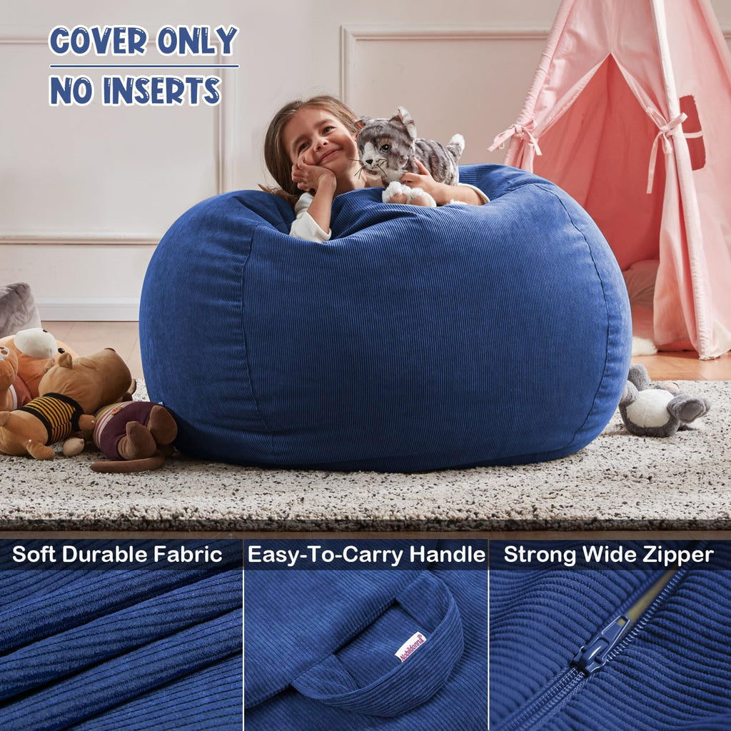Bean Bag Chair Cover (No Filler) for Kids and Adults,Beanbag Stuffed Animal Storage Without Filling Plush Toys Holder and Organizer Soft Premium Corduroy 200L (Dark Blue)