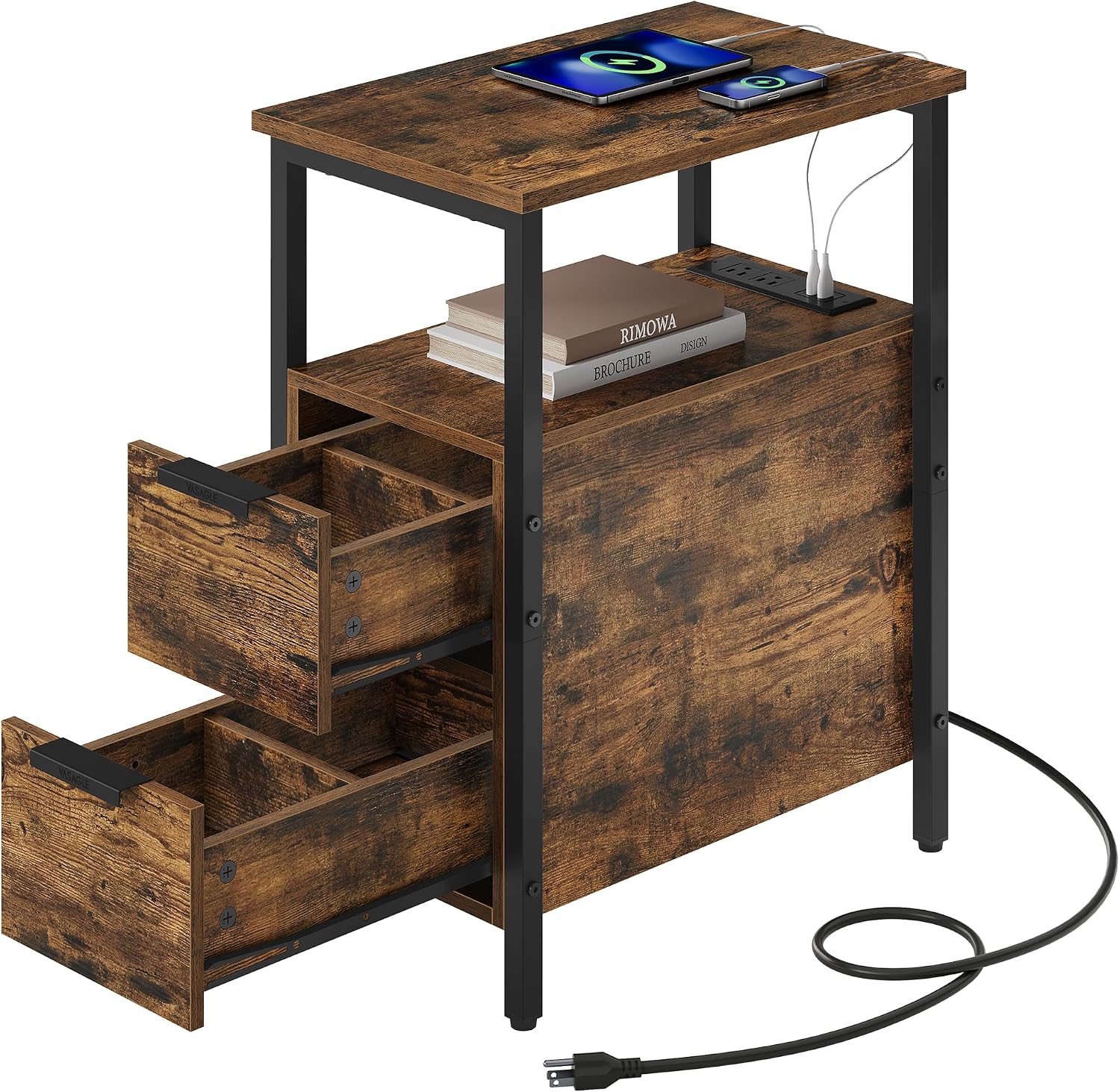 VASAGLE Side End Table with Charging Station, Slim Nightstand with 2 Drawers, Narrow Bedside Table for Living Room, Small Spaces, 18.9 x 11.8 x 24 Inches, Rustic Brown and Ink Black ULET324K101S