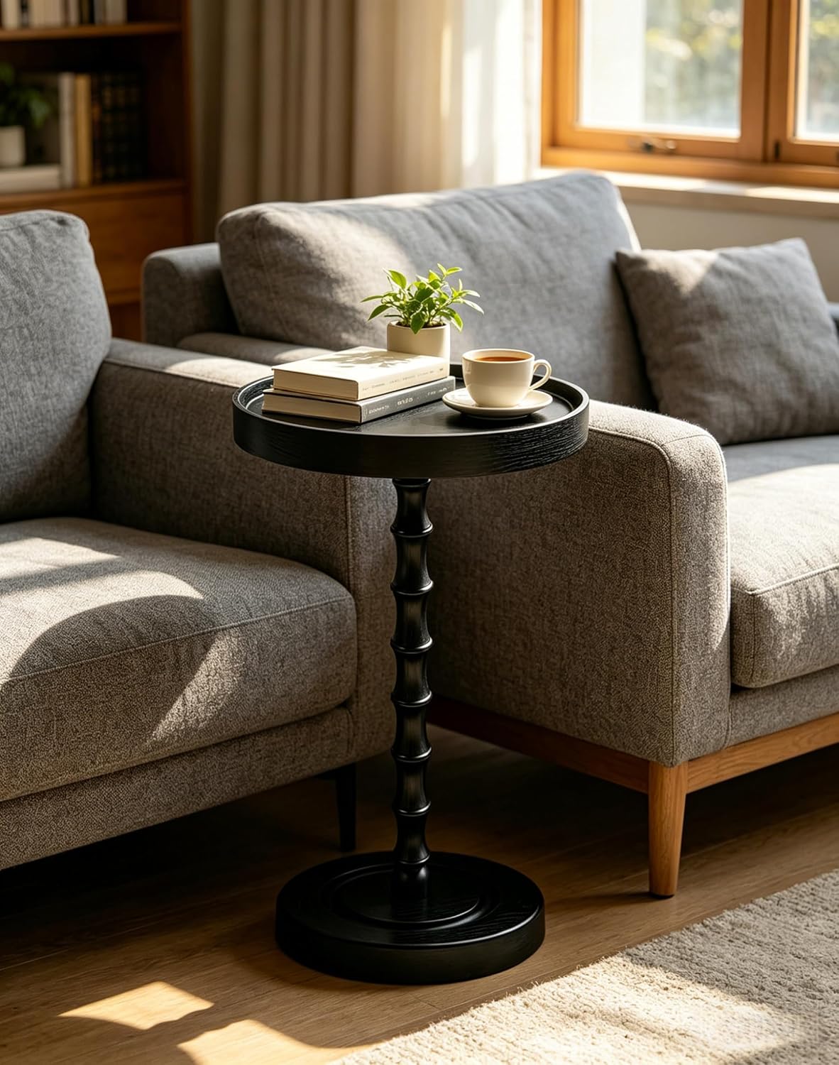 amzwkt 100% Solid Wood Round Side Table, Sturdy Pedestal Martini Drink Table, Easy Assembly Accent End Table for Small Spaces Living Room Bedroom Office Corners, Black Premium