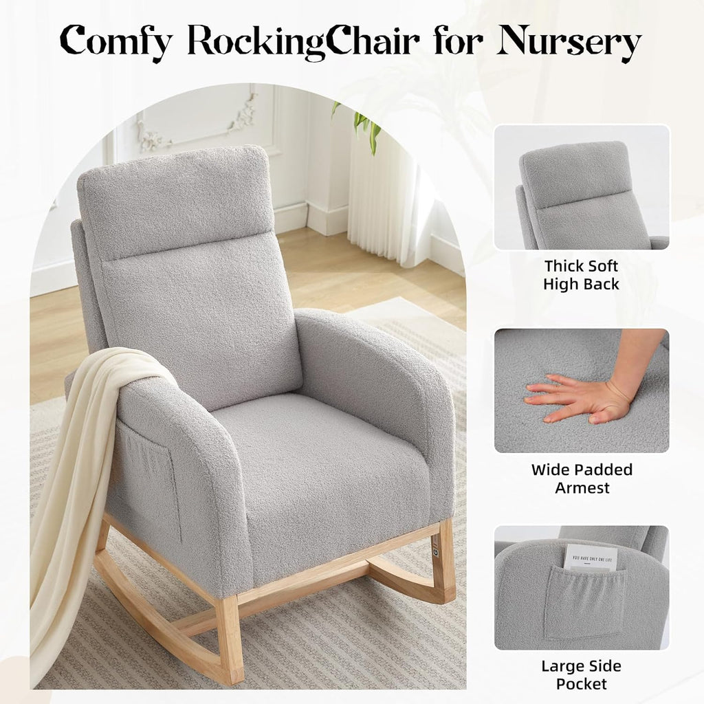 Modern Nursery Rocking Chair,Teddy Upholstered Glider with 26" High Backrest, Padded Seat for Living Room, Bedroom, Reading