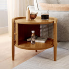 POVISON Rattan Side Table, Table with Roller Door & Woven Rattan, 19.69" Round End Table with Storage, Nightstand Beside Table Drink Table Sofa Table for Home,Walunt