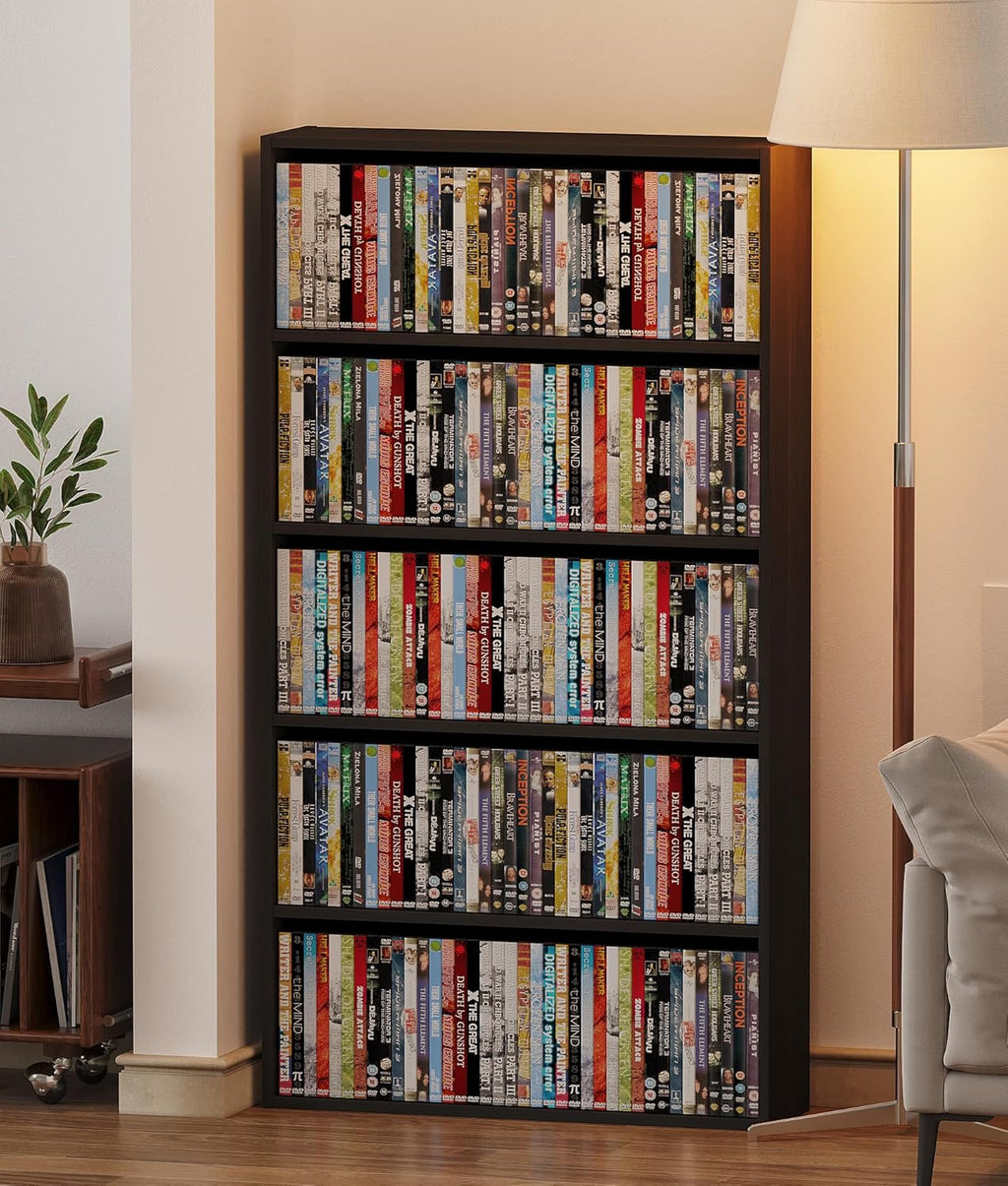 DVD Storage Cabinet Shelf, 5 Tier Media Storage Tower for CDs & Video Games, Freestanding Organizer Shelf for Living Room Home Office, Holds 200+ DVDs(Black)