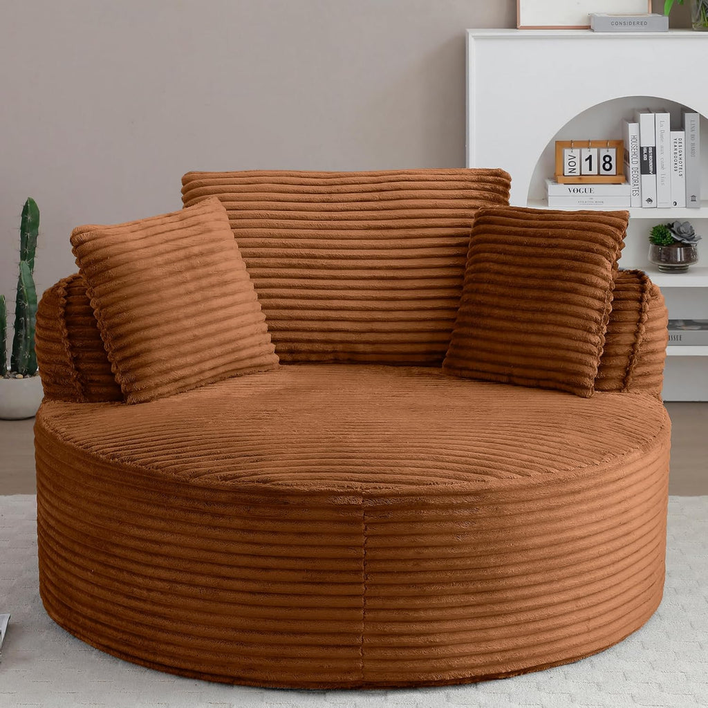 Oversized Round Chair Lounge Chaise Indoor, 53.5" Upholstered Corduroy Deep Seat Single Cloud Sofa Chair, Fluffy Modern Large Circle Boneless Sleeper Sofa for Living Room, Bedroom, Orange