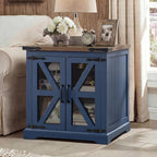 Farmhouse End Table, 24" Large End Tables with Storage, Rustic Square Sofa Beside Table with Glass Barn Door, Wood Side Table Square Nightstand for Living Room, Bedroom, Office (Misty Blue)