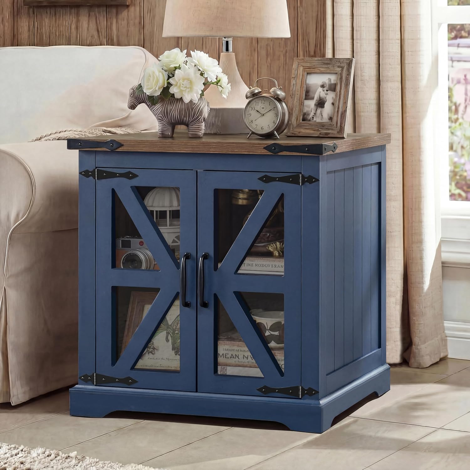 Farmhouse End Table, 24" Large End Tables with Storage, Rustic Square Sofa Beside Table with Glass Barn Door, Wood Side Table Square Nightstand for Living Room, Bedroom, Office (Misty Blue)