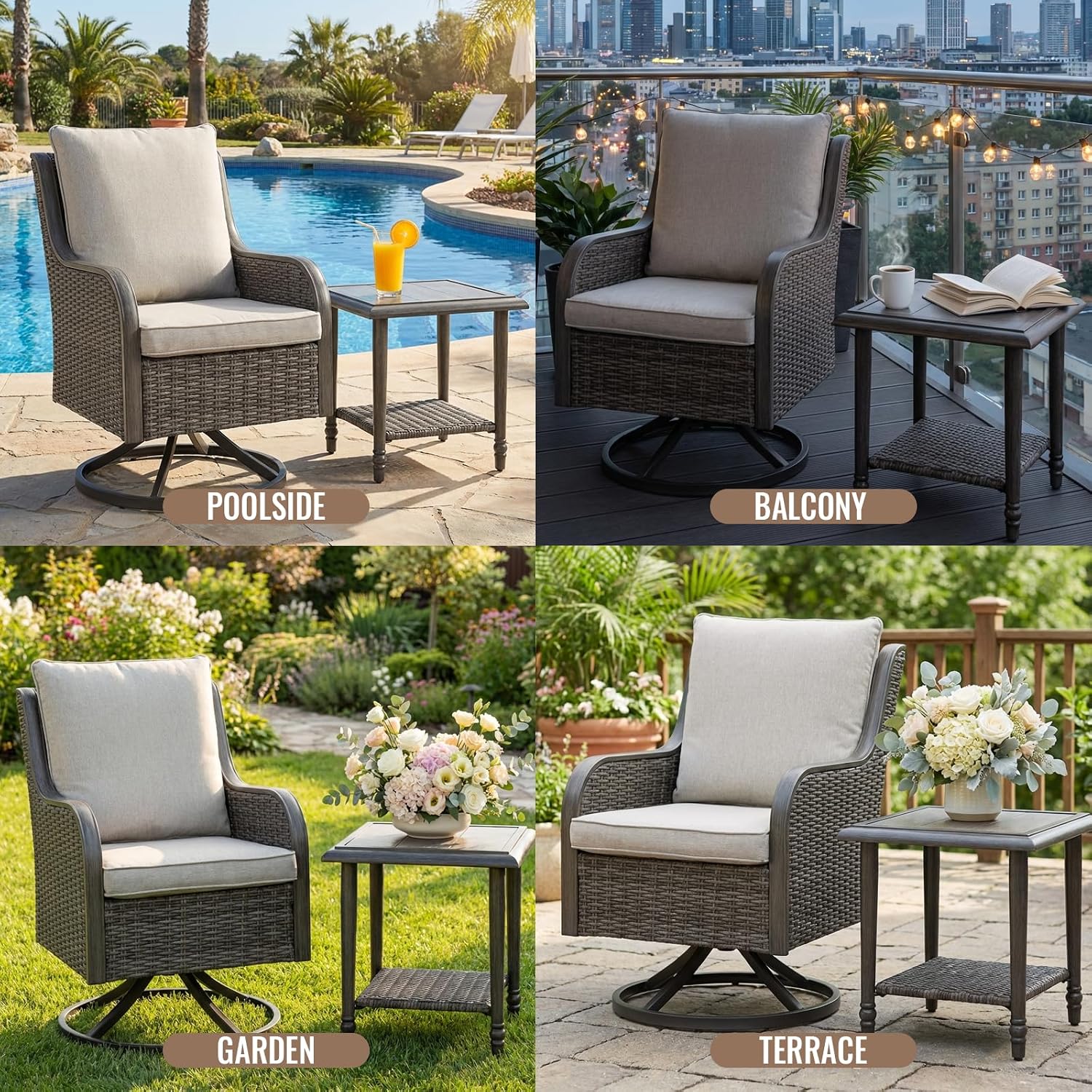 Loungewave Swivel PE Wicker Chair, Outdoor High Back Swivel Patio Chair, 360 Degree Outdoor Swivel Chair with Cushion, Patio Furniture for Porch Balcony Garden, Poolside (Brown/Beige)