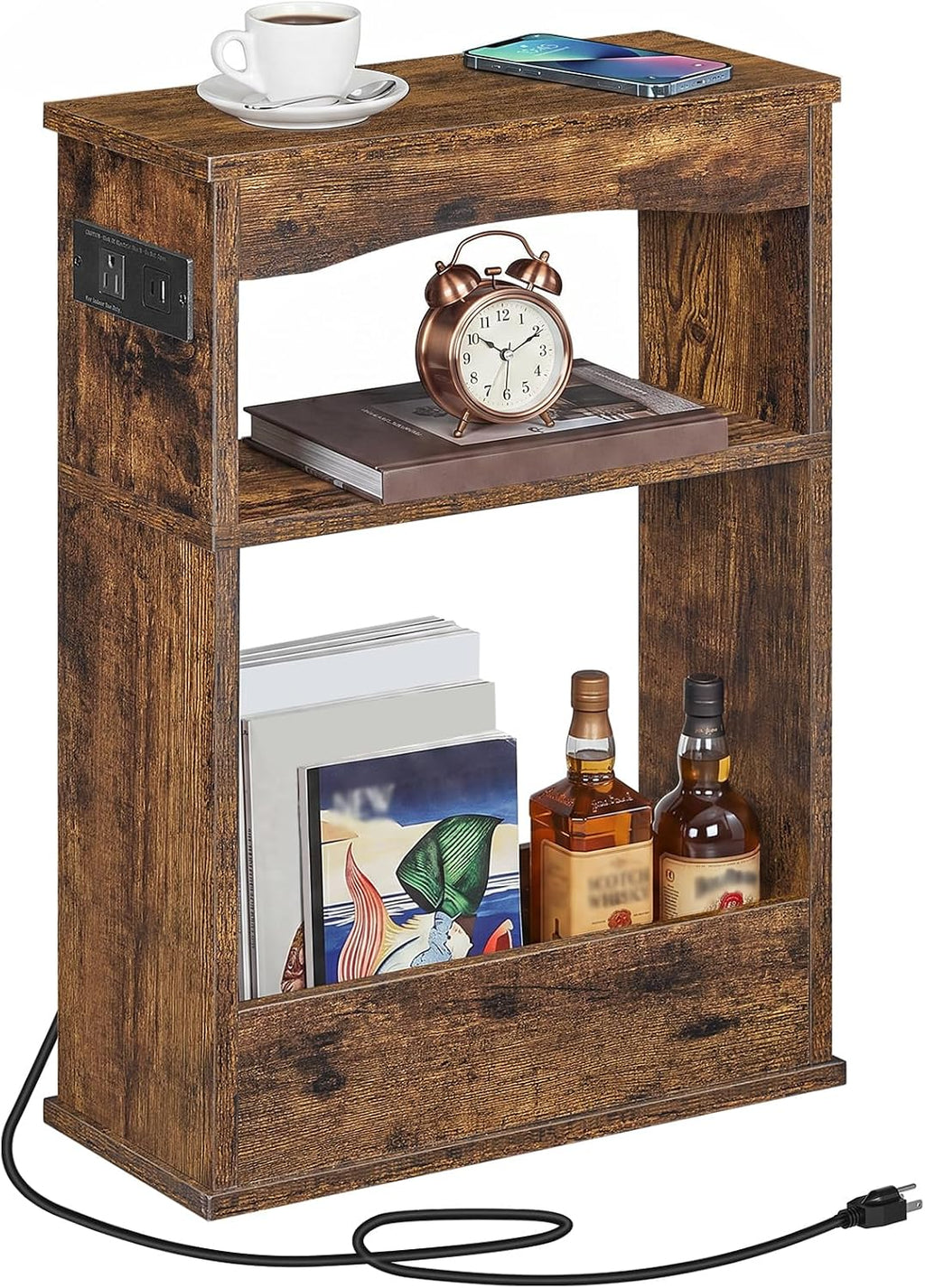 YATINEY Narrow Side Table, Wooden Skinny End Table, Slim Nightstand | Charging Station, 3-Tier Storage Shelves, Small Space