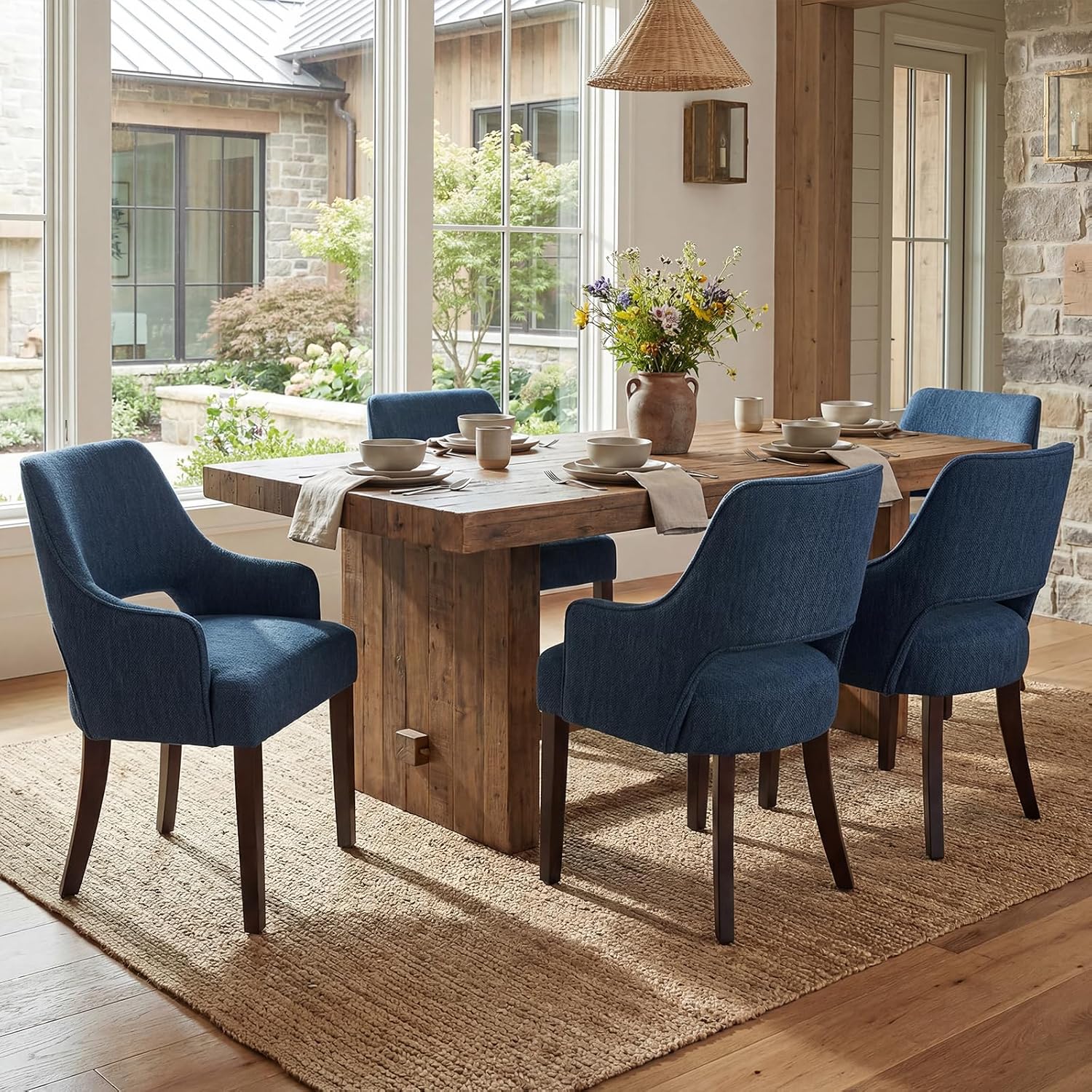 Blue Dining Chairs with Arms Set of 2, Farmhouse Upholstered Linen Dining Chairs, Curved Open Back Kitchen & Dining Room Chairs with Solid Wood Legs and Thick Cushion Seat, Blue