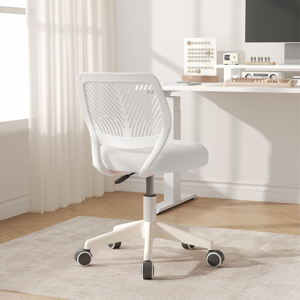 JPBSTO Armless Desk Chair, Height Adjustable Swivel Office Rolling Task Chairs with Soft Mesh Padded Cushion, Ergonomic Small Study Computer Chair for Girls Boys Teens (White, 1PC)