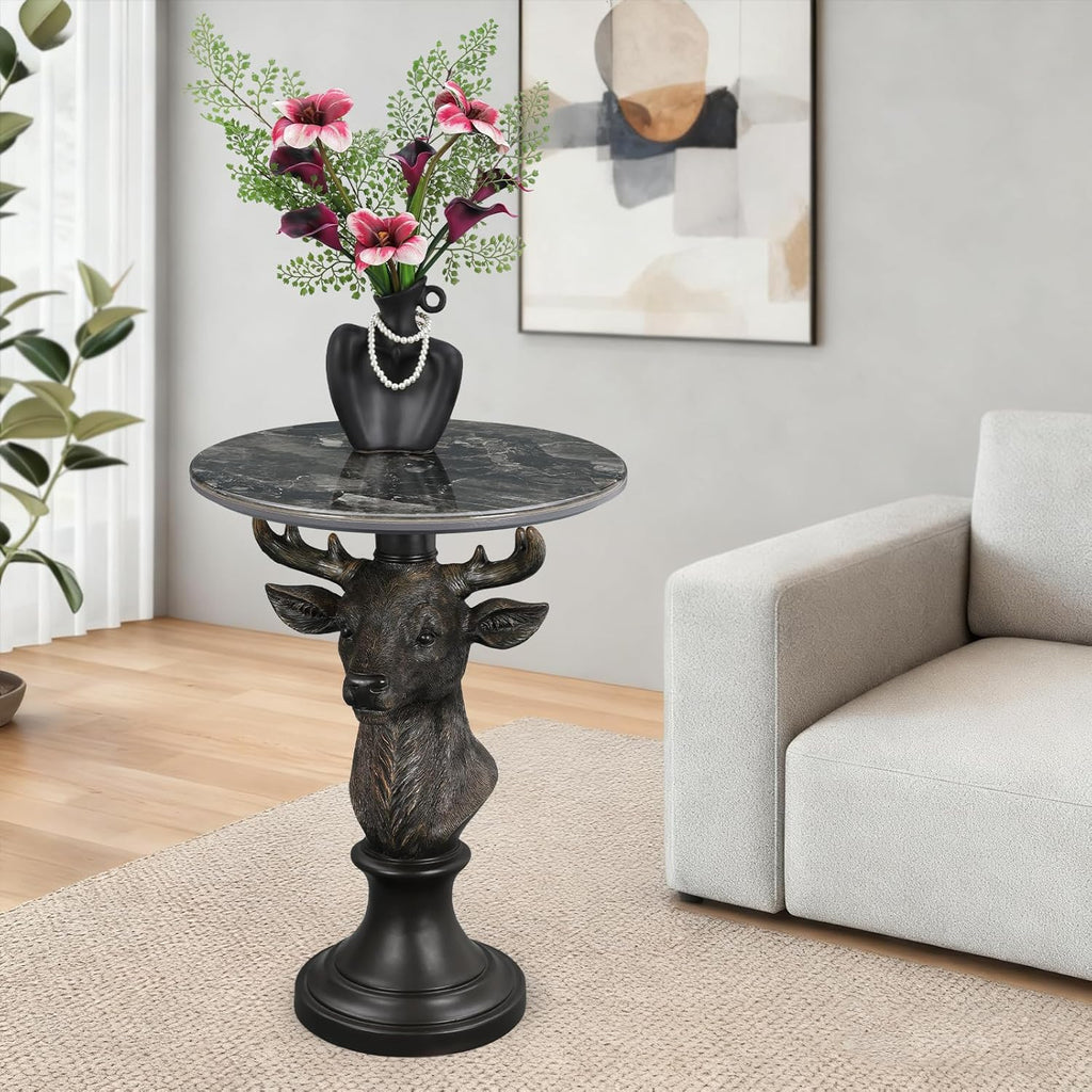 Modern End Table Black Deer Statue Side Table with Faux Marble Round top, 28" Tall 19.69" Wide Contemporary Nightstand for Living Room, Office and Reception Area Gift for Mom and Dad