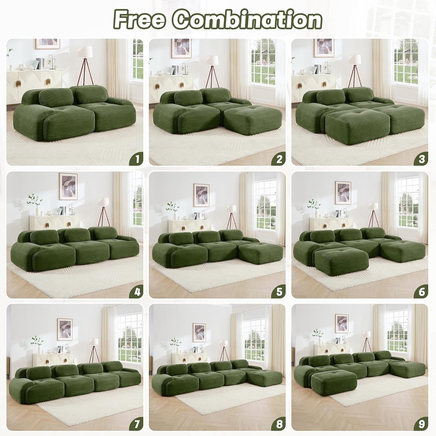 Modular Sectional Sofa Boneless Couch, U Shaped Sectional Couches for Living Room, Oversized Cloud Couch with Deep Seat and Ottoman, Comfy Corduroy Upholstery Green Couches, No Assembly(3S+2O)