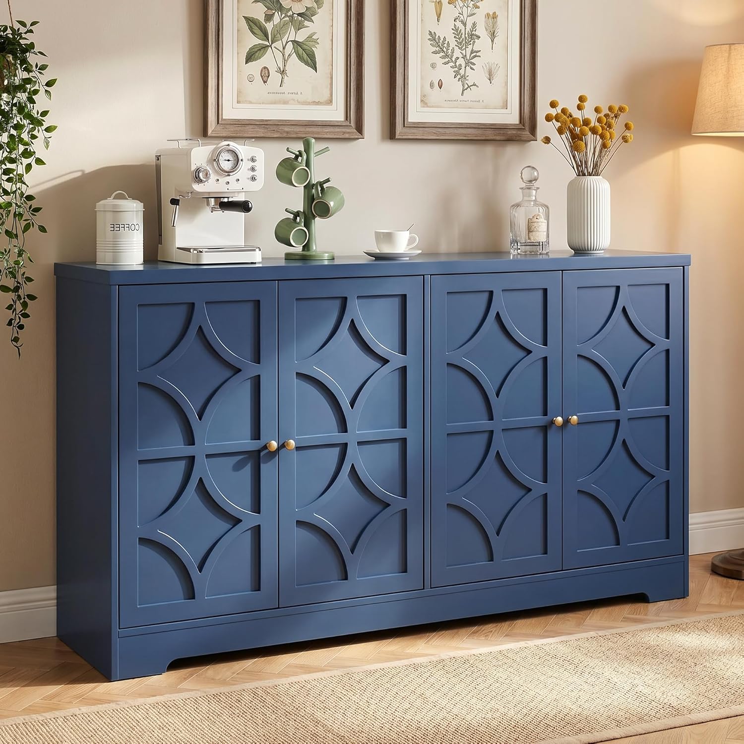 RoyalCraft Sideboard Buffet Cabinet with Storage, 56" Modern Sideboard with 4 Carved Doors, Large Wood Coffee Bar Console Table for Kitchen, Dining Room, Entryway, Living Room, Blue