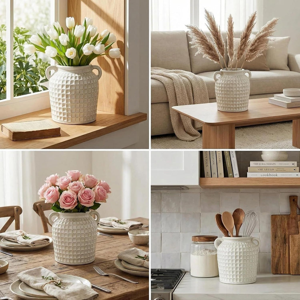 White Ceramic Vase with Handles | Farmhouse Boho Style, Textured Waffle Weave, Table Decor, For Pampas Grass