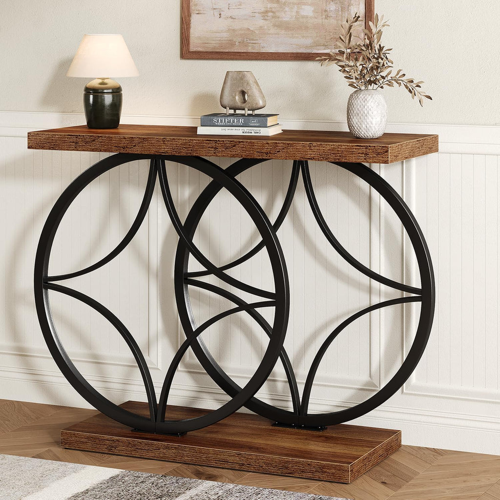 knoworld 39.4" Console Table, Industrial Entryway Table with Anti-Tilt Design, Narrow Wood Accent Sofa Table Behind Couch with Double Circle Base for Entryway, Living Room, Hallway, Foyer