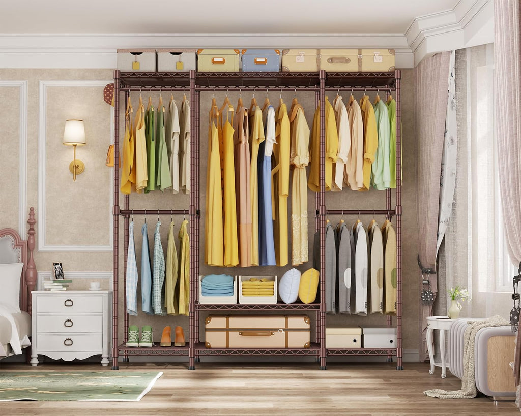 Ulif E3 Heavy Duty Garment Rack, 4 Tiers Freestanding Closet Organizer System with 5 Shelves, Metal Closet Organizer and Storage System for Clothes, Max Load 850lbs, 58.4"W x 15.7"D x 77.3"H, Bronze