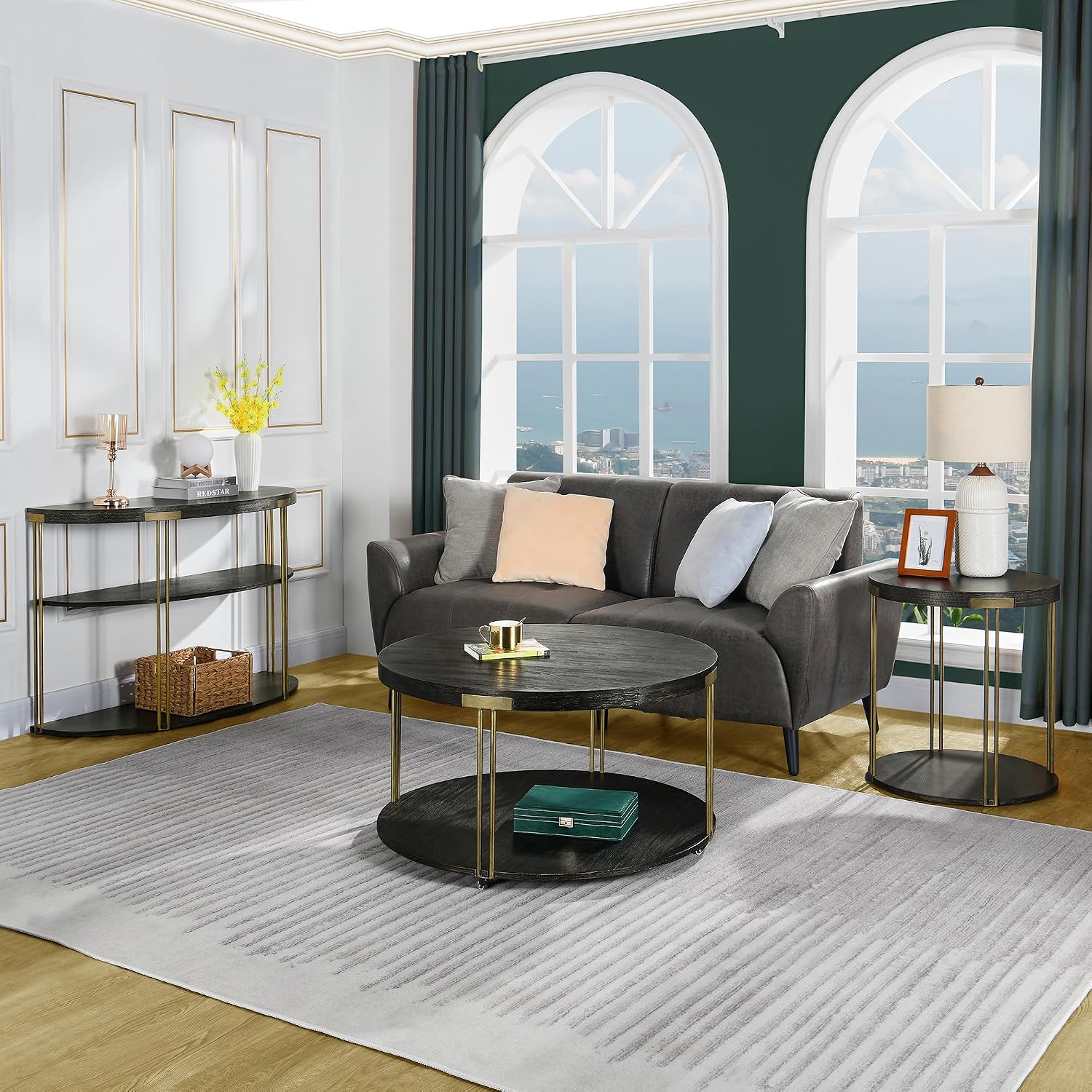 Modern Vintage Round End Table, 22” 2-Tier Sofa Side Table with Black Wood Top and Brass Metal Frame for Living Room, Bedroom