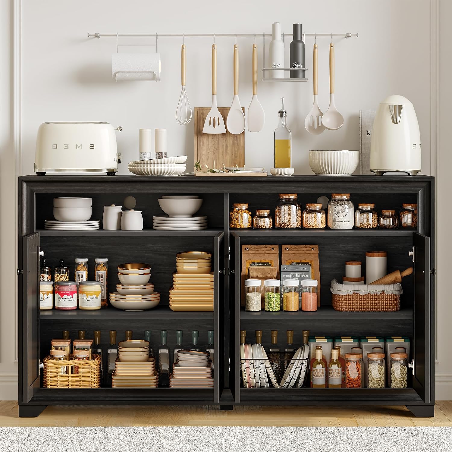 ONBRILL 60 Inches Sideboard Buffet Cabinet with Storage, 4 Doors Large Sideboard, Kitchen Cabinet with Open Shelf & Adjustable Shelf, Kitchen Coffee Bar Console Table for Living Room, Hallway, Black
