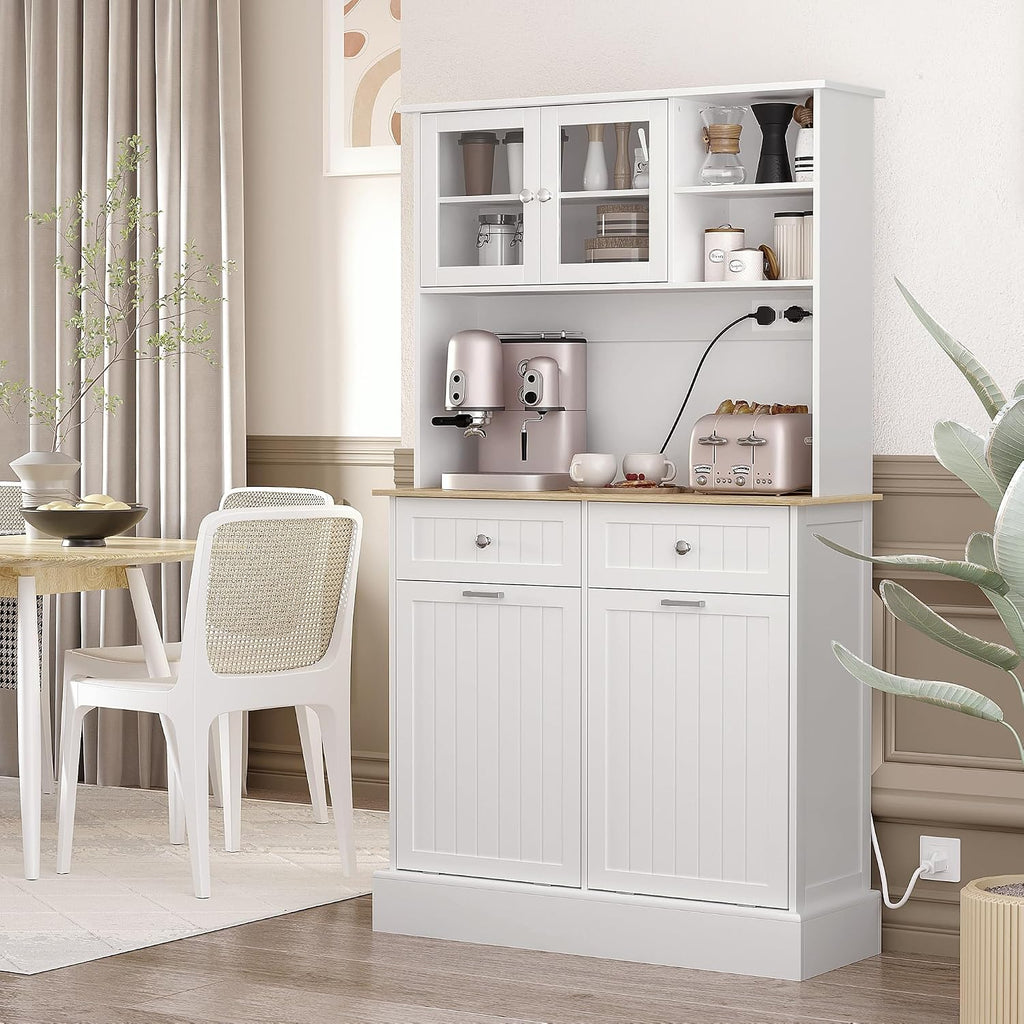 68" Kitchen Pantry Storage Cabinet with Charging Station, 2 Tilt Out Trash Cabinets and Microwave Stand, Freestanding Kitchen Hutch with Glass Doors and Adjustable Shelf, White,13.8 * 39.4 * 67.7