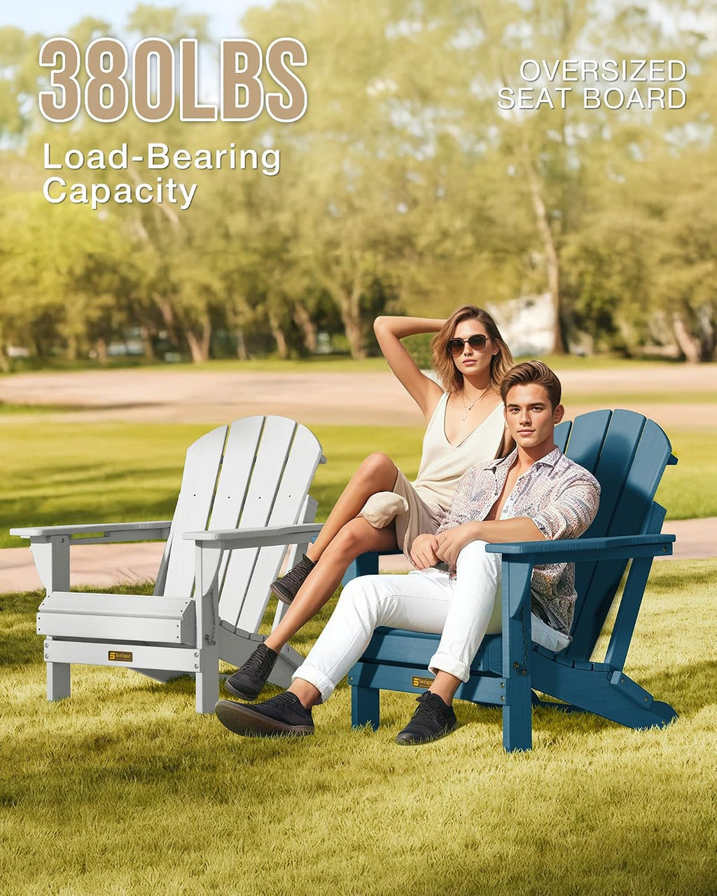Folding Adirondack Chair, Patio Chair Wood Texture, Outdoor Chair Weather Resistant, Fire Pit Chair with Cup Holder, Composite Adirondack Chair Set of 2(Navy Blue)