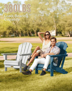 Folding Adirondack Chair, Patio Chair Wood Texture, Outdoor Chair Weather Resistant, Fire Pit Chair with Cup Holder, Composite Adirondack Chair Set of 2(Navy Blue)